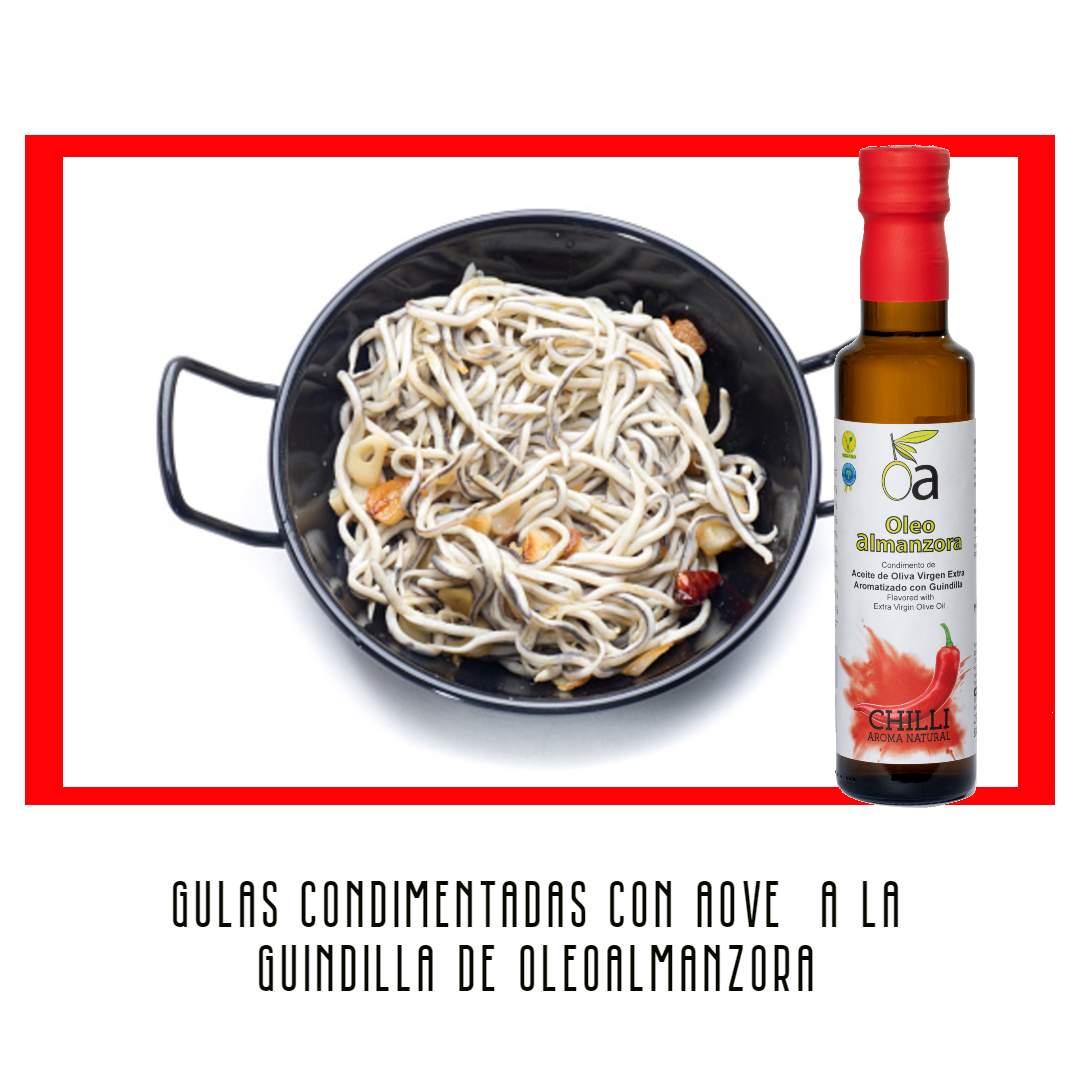 Gulas con ajo y condimento de aceite de oliva virgen extra con guindilla chilli picante