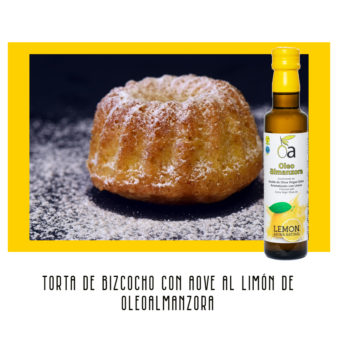 Torta de bizcocho de limón con condimento de aceite de oliva virgen extra al limón