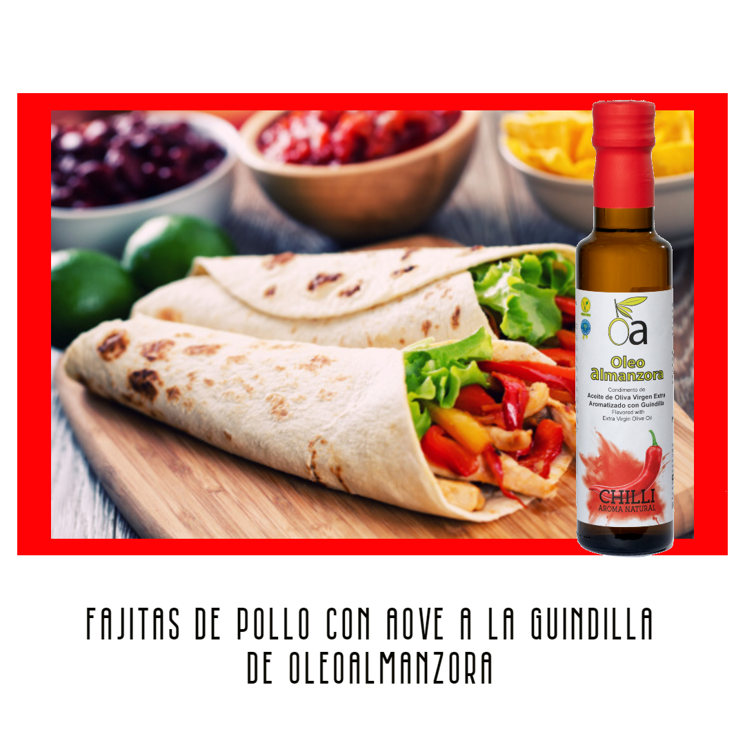 Fajitas de pollo mejicanas con condimento de aceite de oliva virgen extra con chilli picante guindilla